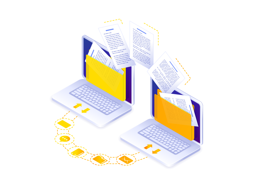 Deux ordinateurs qui échangent des documents par le biais de la dématérialisation.